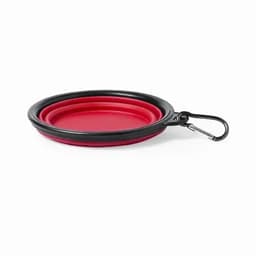 A set of collapsible dog bowls in red and black, featuring a carabiner for easy attachment.