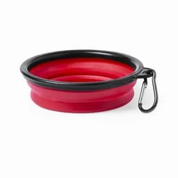 A collapsible pet bowl in red with a black rim, featuring a carabiner for easy attachment.