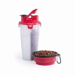 A drink bottle in transparent and red with compartments, alongside a red collapsible bowl filled with pet food.