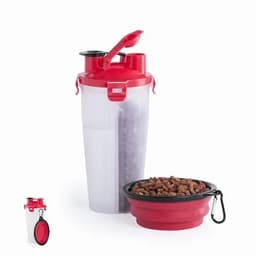 A drink bottle with a red lid and spout, accompanied by a collapsible red bowl and a small hook.