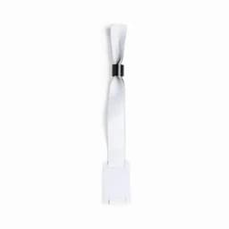 A wristband with a white strap and a black clasp. It features a smooth, shiny finish and has room for personalisation.
