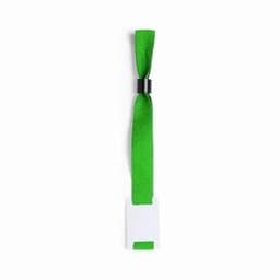 A green fabric wristband featuring a white tag for customisation, secured with a black connector.