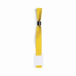 A yellow satin wristband with a black connector, featuring a plain white tag.