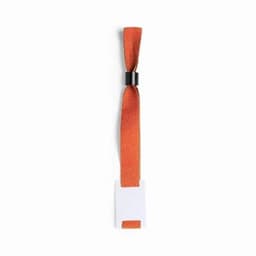 An orange fabric wristband with a black connector and a blank white tag for custom messaging.