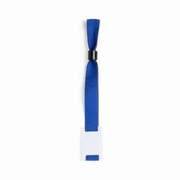 A blue ribbon with a black band and a white tag at the end features a simple design and smooth texture.