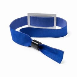 A blue fabric wristband with a plastic buckle and an adjustable strap, featuring a blank section for custom branding.
