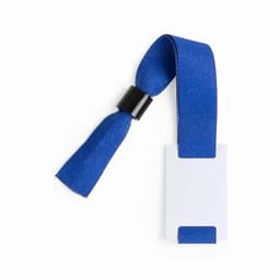 A blue wristband with a black clasp and a blank white card for identification.