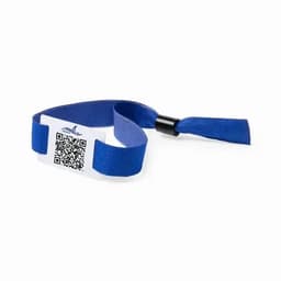 A blue fabric wristband with a QR code and a logo, designed for events or festivals.