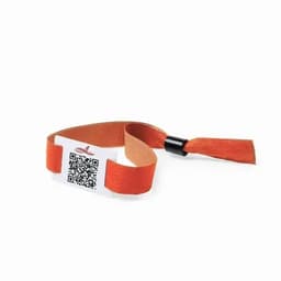 An orange wristband with a QR code and a white label, featuring a black adjustment clasp.
