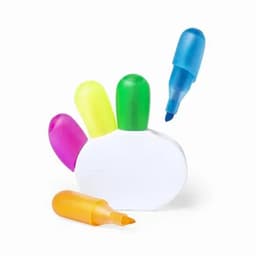 A set of highlighters in pink, yellow, green, blue, and orange, arranged in a hand shape with a white base.