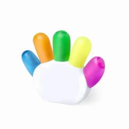 A colourful hand-shaped drink bottle featuring pink, yellow, green, orange, and blue sections with a white base.