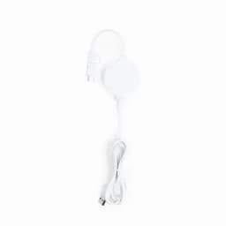 A charging cable with a round white connector and a long white cord, featuring a brand logo.