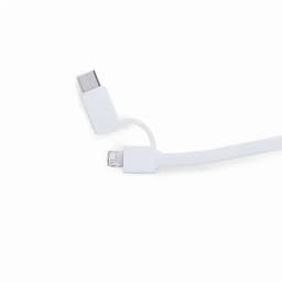 A white charging cable with USB and Lightning connectors. The cable has a sleek design and is flexible.