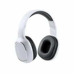 A pair of white headphones with black ear cushions and a sleek design, featuring a shiny logo.