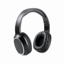 A pair of black wireless headphones with plush ear cushions and buttons on the side.