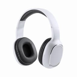 A pair of white headphones with black ear cushions and a shiny silver accent. The headphones have a sleek design and a logo.