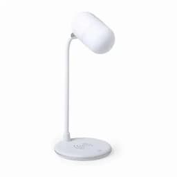 A desk lamp with a sleek white design, featuring a round base and a curved neck for adjustable lighting.