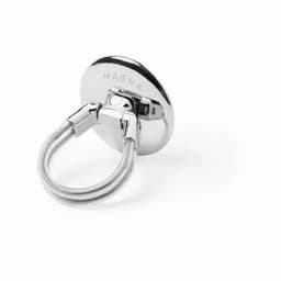 A metallic magnet with a circular base and a sturdy ring handle, featuring a logo on its surface.