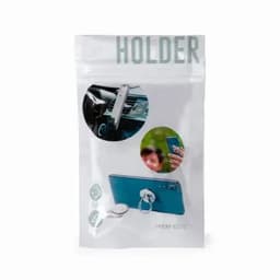 A packaging of a phone holder featuring images of the product in use. The holder is silver and blue in colour.