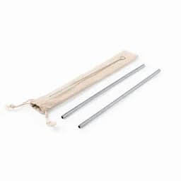 A set of stainless steel drink straws and a cleaning brush, stored in a natural fabric pouch.