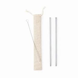 A set of two stainless steel straws with a cleaner, packaged in a natural fabric pouch.