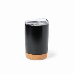 A drink bottle featuring a black body with a cork base and a clear lid. It has a sleek, modern design.