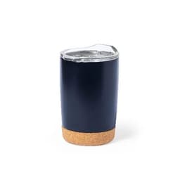 A drink bottle with a dark blue body and a cork base, featuring a clear lid. It has a sleek, modern design.