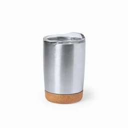 A drink bottle with a silver stainless steel body and a cork base, featuring a clear lid.