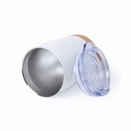 A drink bottle in white with a cork band and a clear lid, showcasing a stainless steel interior.