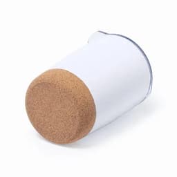 A drink bottle with a white body and a cork base, featuring a simple design and a logo on the side.