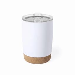 A drink bottle in white with a cork base, featuring a transparent lid and a branding logo.