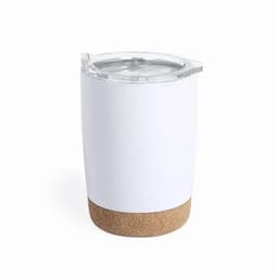 A drink bottle with a white upper section and a cork base, featuring a clear lid. It has a logo on the front.