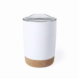 A drink bottle with a white body and a cork bottom, featuring a clear lid and a logo.