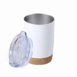 A drink bottle in white with a cork base, featuring a clear lid. It has an insulated interior for temperature retention.