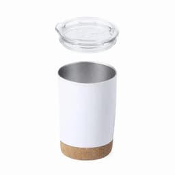 An insulated cup in white with a cork base and a clear lid. Features a sleek design.
