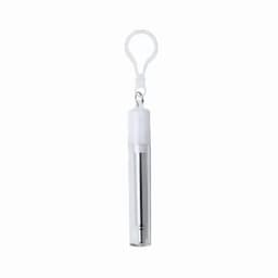 A silver metal pen with a transparent casing and a white cap, featuring a keyring attachment.
