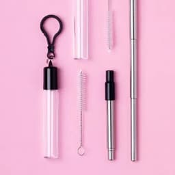 A set of metal straws in silver, with a cleaning brush and carrying case, arranged on a pink background.