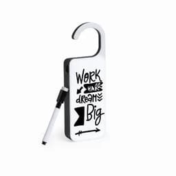 A door hanger in black and white with motivational phrases, featuring a hook and a marker.