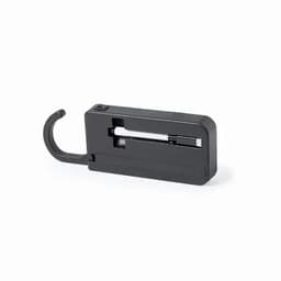 A black promotional product featuring a hook and a sliding mechanism. It has a compact design and a minimalist appearance.