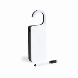 A drink bottle in black and white with a hook design, accompanied by a black marker.