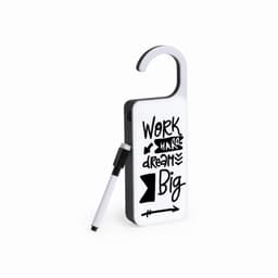 A phone holder in white with a black design featuring motivational phrases and a pen. It has a hook for easy hanging.