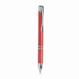 A pen with a red barrel and chrome accents, featuring a clip and decorative bands near the tip.