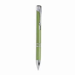 A pen with a green barrel and silver accents, featuring a clip and a sleek design.
