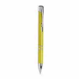 A pen with a bright yellow barrel and silver accents, featuring a clip and a shiny tip.