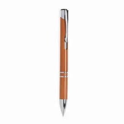 A pen with an orange barrel and a silver clip, featuring two silver bands near the tip.