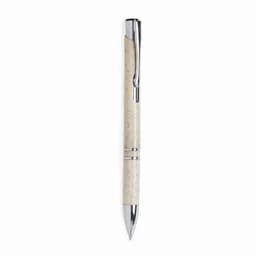 A pen with a cream-coloured body and silver accents, featuring a clip and a smooth, pointed tip.