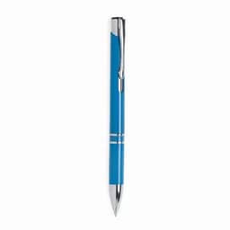 A blue pen with chrome accents, featuring a sleek design and a clip for easy attachment.