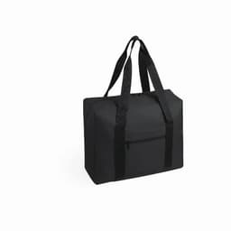 A black tote bag with two handles and a zippered front pocket. The bag has a sturdy design.