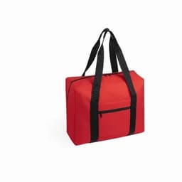 A red tote bag with black handles and a zippered pocket on the front. It has a rectangular shape and a sturdy design.