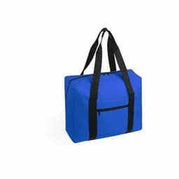 A blue tote bag with black handles and a front pocket. The bag has a sturdy design and a logo on it.
